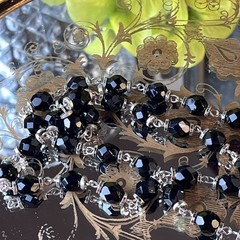 58” Black Faceted Glass Bead Sautoir Necklace – Silvertone Spacers – Spring Ring