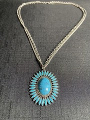 Vintage Signed Celebrity Silver Tone Faux Turquoise Starburst Pendant Necklace