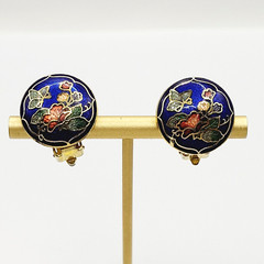 Cloisonné Small Butterfly & Flowers Round Blue Enamel Gold Tone Clip On Earrings