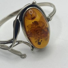 VTG Sterling Silver Baltic Amber Hinged Bangle Bracelet
