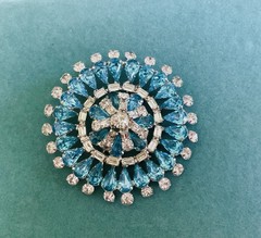 Rhinestone Brooch Domed Pin Round Circle Blue/Baguette Vintage Style Jewelry Xlg