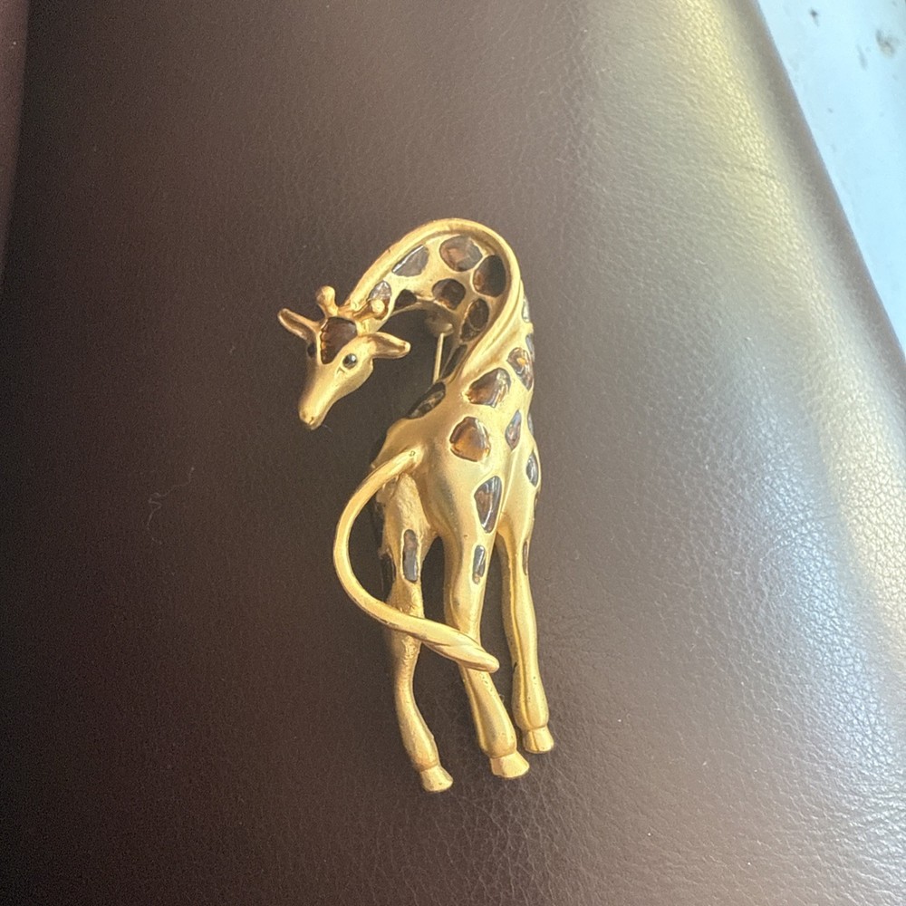 Vintage Enamel Rhinestone Giraffe Brooch Pin 2.75″ Jungle Elegant Red Rhinestone