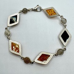 Vintage Diamond and Mini Round Shape Natural Baltic Amber Silver Bracelet 7.5”