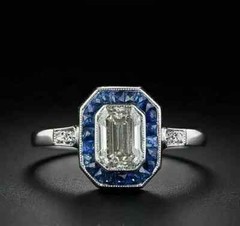 3.0Ct Art Deco Style Lab-Created Diamond & Sapphire Engagement 925 Silver Ring