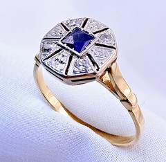 Vintage 18ct Yellow Gold Sapphire Diamond Ring Art Deco Octagonal Size 8