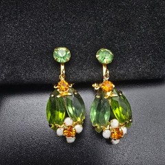 Green Rhinestone Daisy Flower Clip On Earrings Vintage Costume Jewelry UV