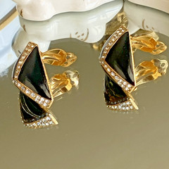 Vintage Ciner Asymmetrical Gold Plated Black Enamel Crystal Clip-On Earrings