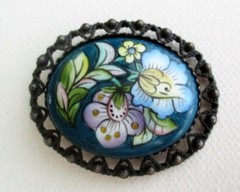 VTG Soviet USSR Floral Painted Porcelain Oval Russian Rostov Finift Brooch Pin