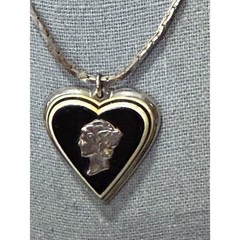 Vintage Mercury Dime Heart Cameo Pendant Silver Tone Black Enamel Sweetheart