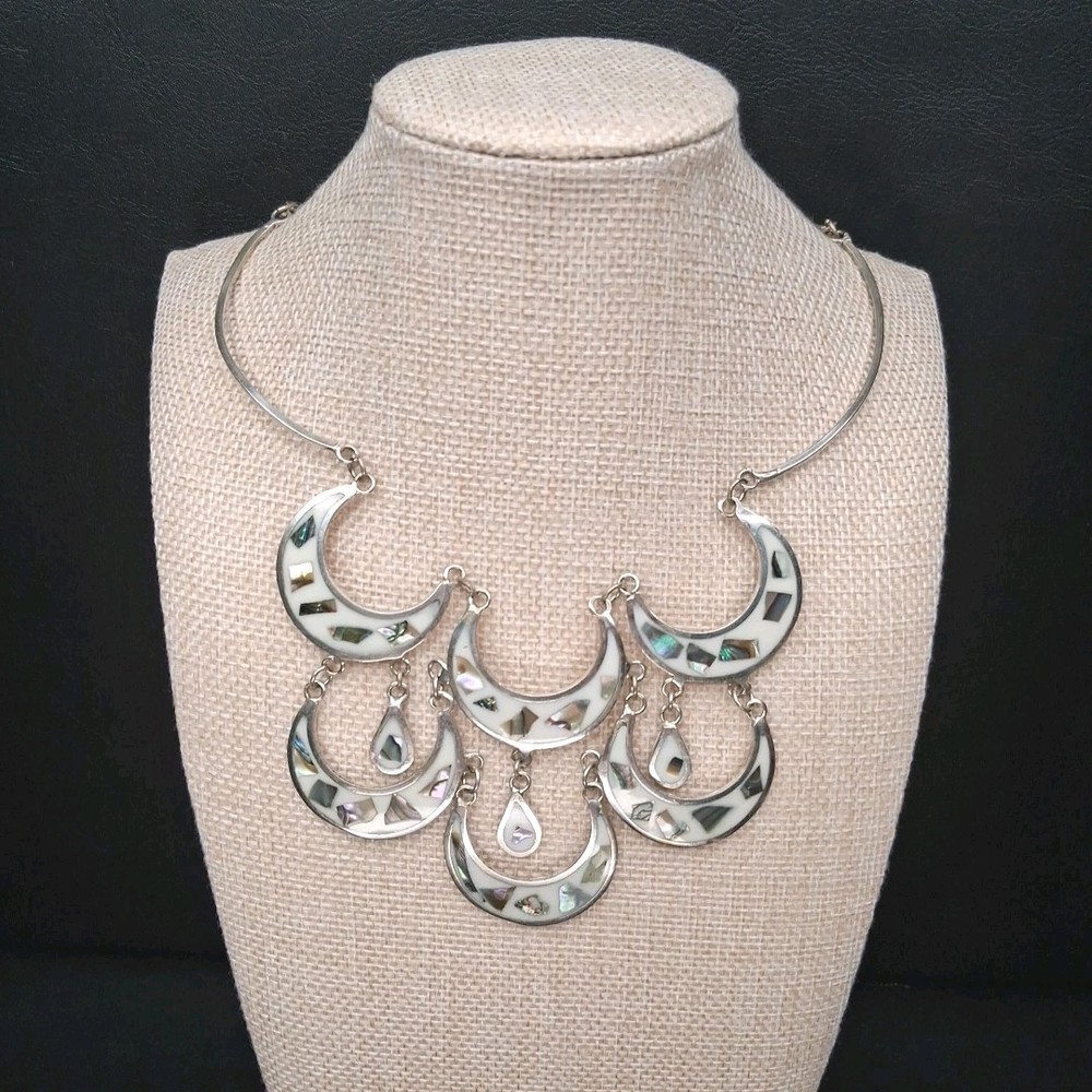 Vintage Alpaca MEXICO Cresent Moon Bib Necklace Abalone And White Enamel. 17.883