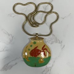 Vintage Cloisonne Fishbowl Pendant Vibrant Enamel Red Fish & Yellow Green Accent