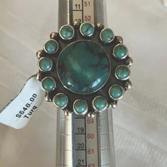 Dark Green Turquoise Bezel Set Cluster Setting Size 7.5 Ring 1.25” wide Sterling
