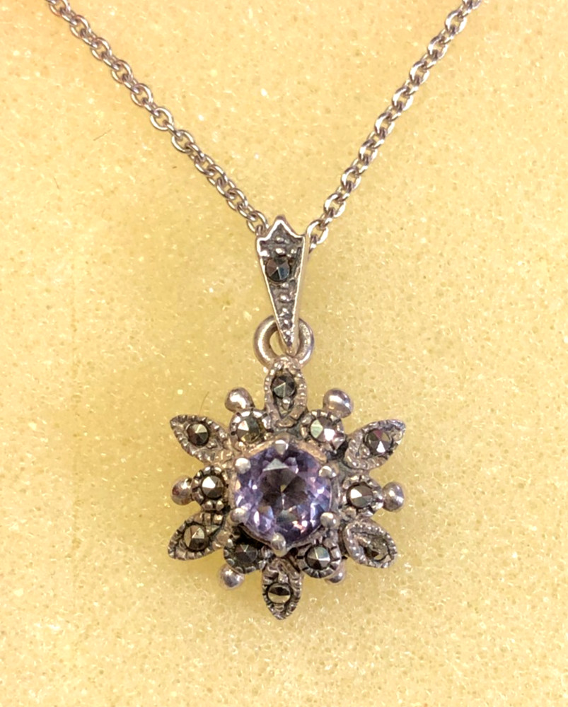 Vintage Sterling Silver Amethyst Marcasite Flower Necklace 925 Natural 16″ 6086