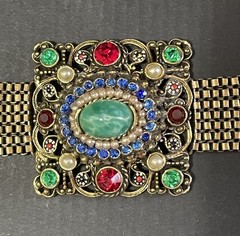 Vintage Hollycraft Box Chain Bracelet Gold Tone Multicolor Glass Pearl Stones