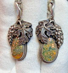 Mid Century Art Sterling SIlver Dangle Earrings Orbicular Jasper Grapevine Lever