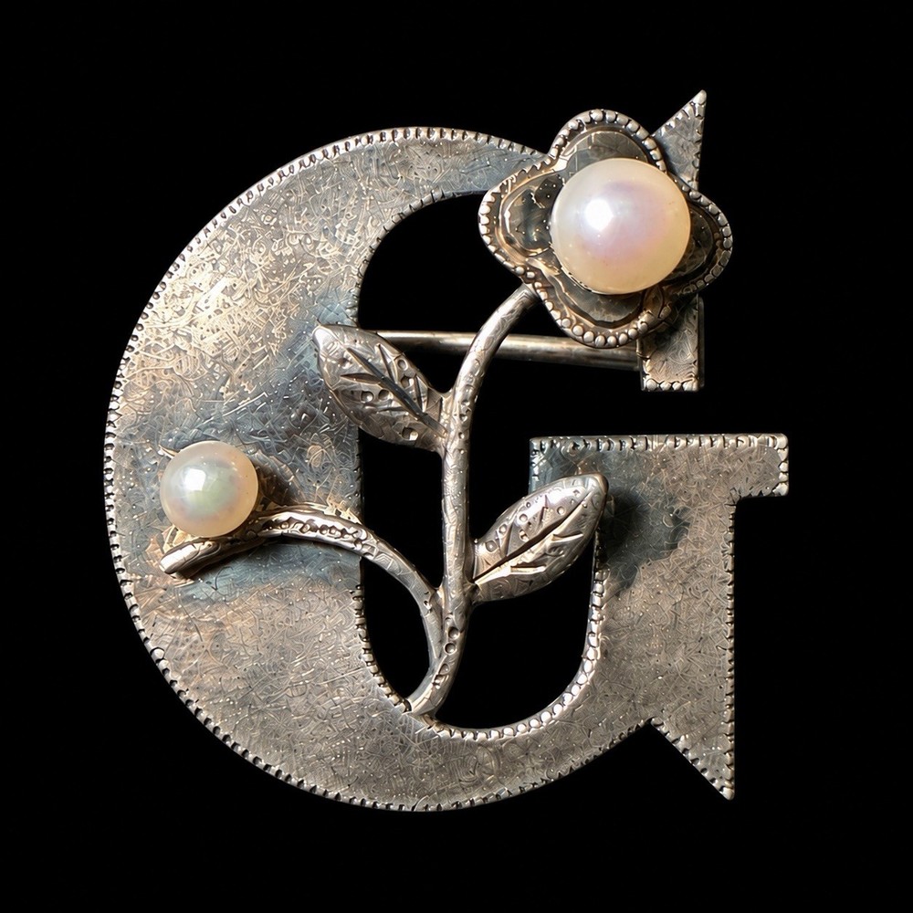 Vtg Sterling Silver Letter ‘G’ & Floral With Pearls Monogram Brooch Pin 3.2g