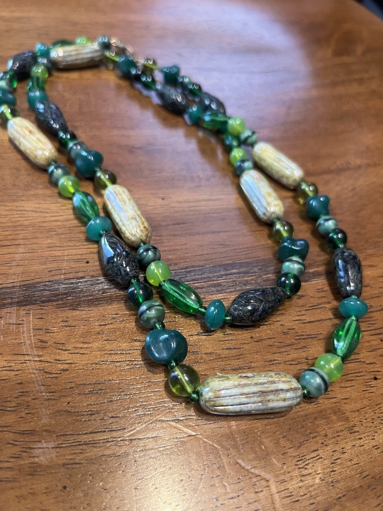 Vintage Green Art Glass Bead 28in Necklace 1960s Old Stock