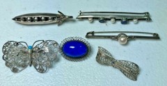 6 vintage and antique brooches, 925, 9K, 10K, plated base metal, 18.84 grams