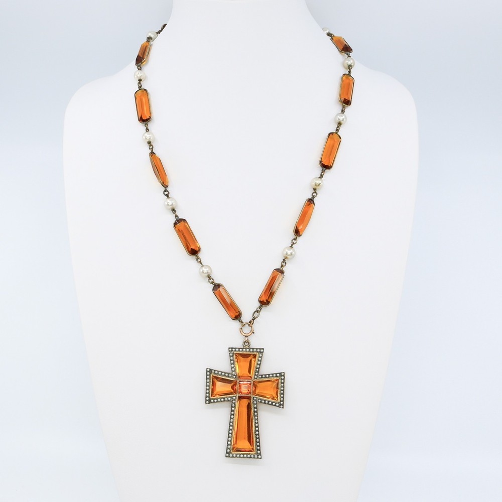 Rare Antique Czech Amber Glass Latin Cross Necklace Blown Glass Pearls 1920s