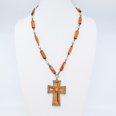Rare Antique Czech Amber Glass Latin Cross Necklace Blown Glass Pearls 1920s