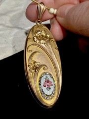 Antique 18g W&H 14k Gold Filled Huge Oval Locket Repousse Guilloche Rose Pendant