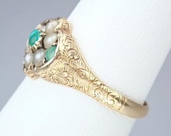 Pretty Antique Victorian 15K Gold Turquoise Pearl Floral Engraved Ring 1869 5.75