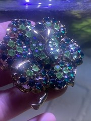 Weiss Green Rhinestone Flower Brooch Signed