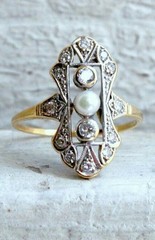 Vintage Style Lab Created Pearl and Diamond Art Deco Style 925 Silver Gift Ring