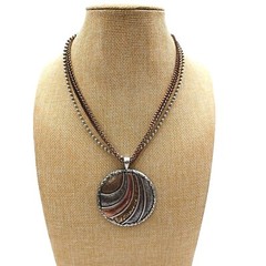 Vtg Silver Rose Gold Tone Chain Multi Strand Necklace Big Round Etched Pendant