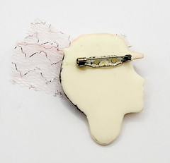 Painted Lady Face with Pink Hat and Veil Short Hair Brunette Vintage Brooch Pin