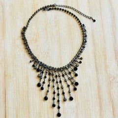 VTG Victorian Goth Style Black Glass Necklace Brass Waterfall Cascade Open Bezel
