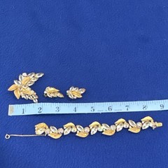 Weiss Signed Gold Tone Clear & AB Rhinestone Leaf Bracelet Earrings Brooch Set
