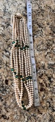 Vintage 4 Layered Ivory Pearl Green Glass Crystal Pave Clasp Beaded 24” Necklace