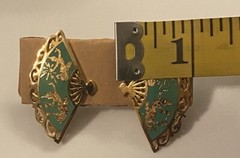 Vtg AMFARCO SIAM Thailand Goddess Gold Tone Green Enamel Fan Screw Back Earrings