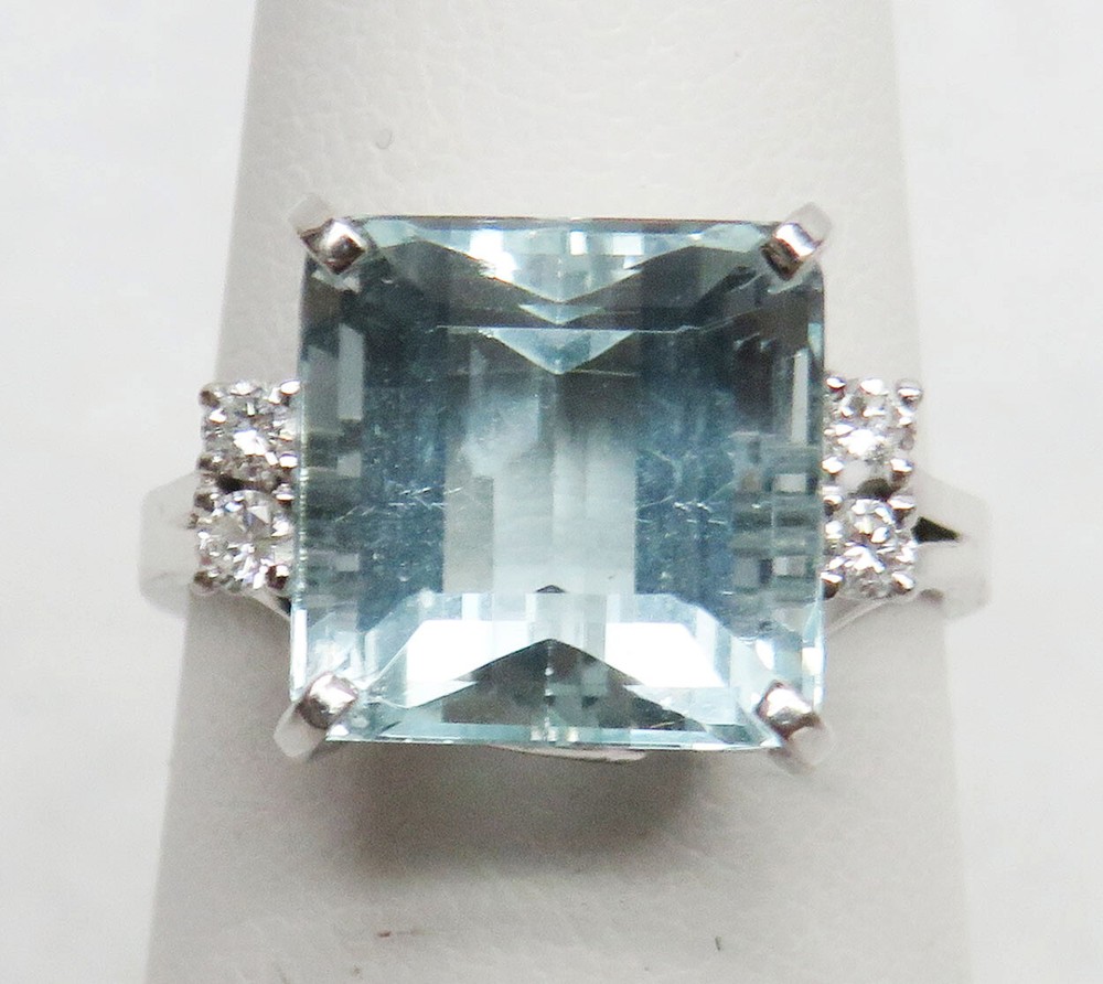 BEAUTIFUL 18K WHITE GOLD 5.09ct AQUAMARINE & DIAMONDS RING SIZE 6