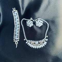 Vintage Light Blue Milk Glass Rhinestone Necklace Bracelet Earrings Jewelry Set