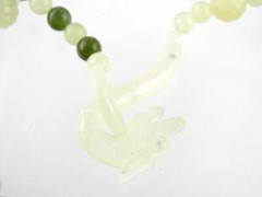 Vintage Varied Green Jade Bead Carved Dragon Hook Necklace 33 Inch Length 106.4g