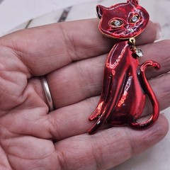 Vintage Red Enamel Articulated Cat Brooch Rhinestone Kitty Pin Retro MCM Kitsch