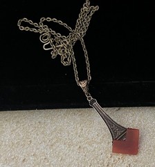Vintage Necklace Art Deco Brass Pendant W/ Antique Red Carnelian Czech Glass