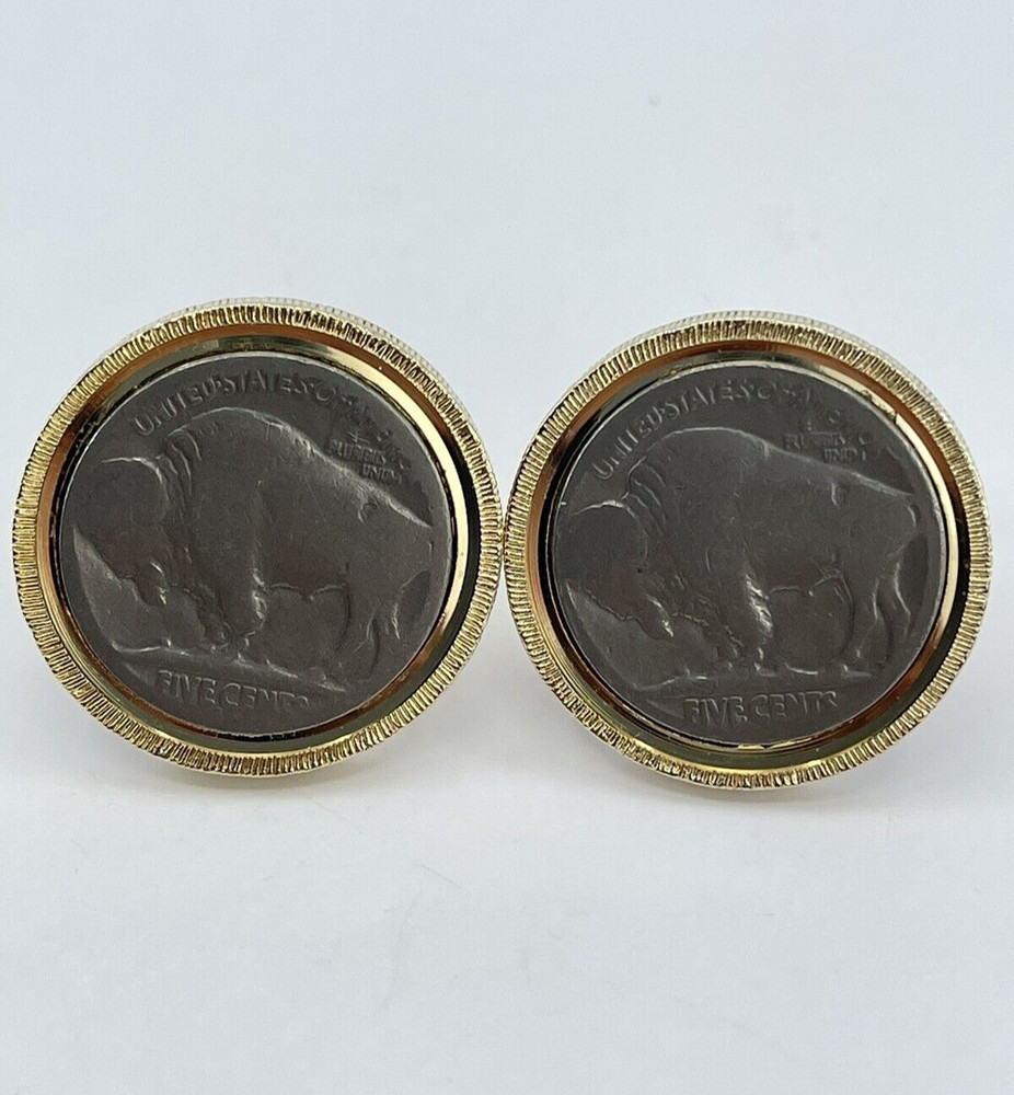 Vintage Buffalo Nickel mens cufflinks five cents gold tone textured and polished