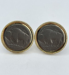 Vintage Buffalo Nickel mens cufflinks five cents gold tone textured and polished