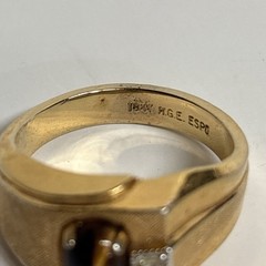 Vintage ESPO 18K HGE Gold Tone Brass Tiger Eye And CZ Ring, Size 11.75