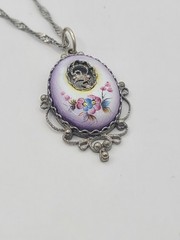 Vtg Soviet Hand Painted Enamel Rostov Finift Floral Pendant 18″ Necklace