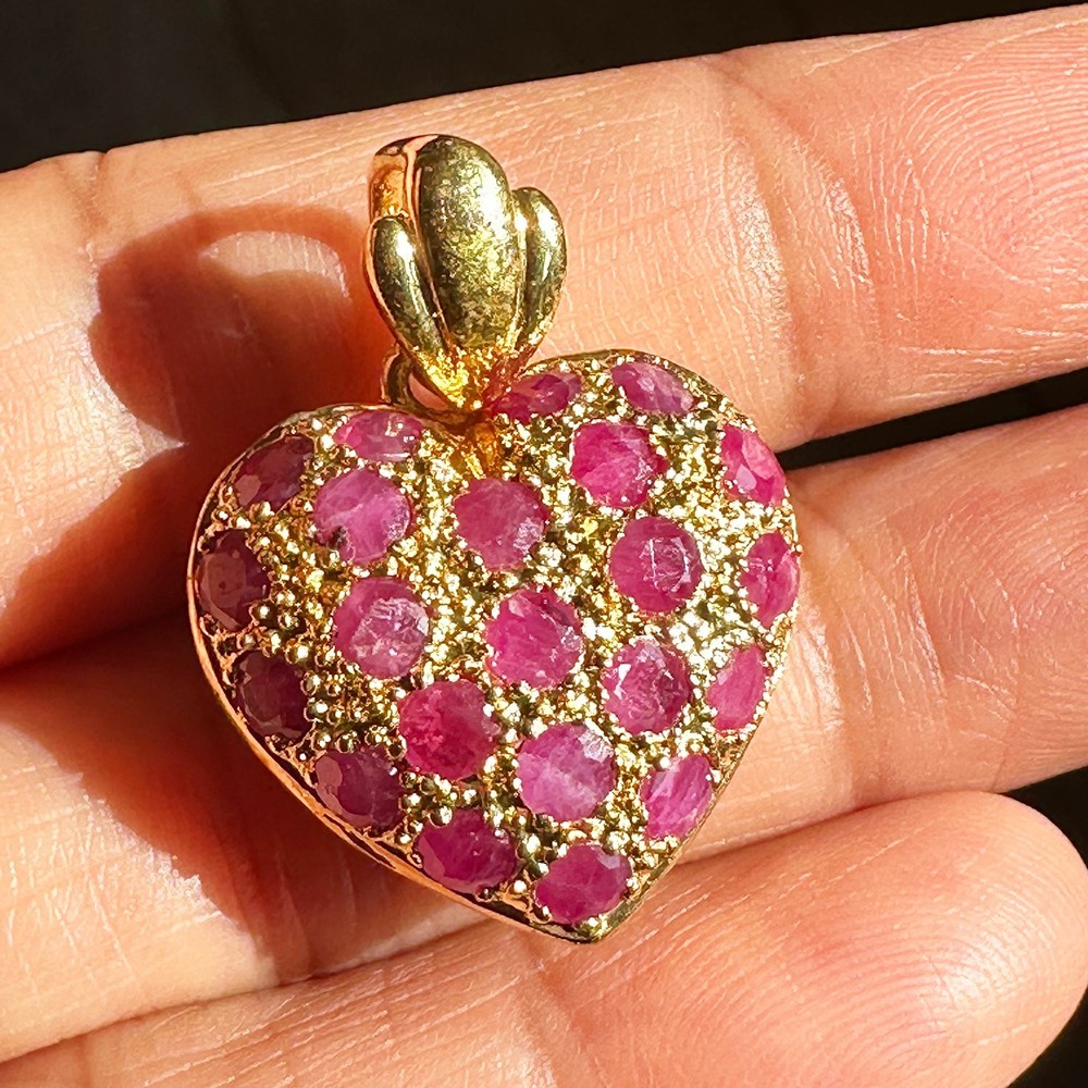 Natural Red Ruby Genuine with Cubic Zirconia ~ Gold-tone Plated Heart Pendant