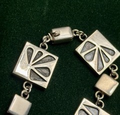 Vintage Mexico .925 Sterling Silver Oxidized Geometric Panel Bracelet: 7.5” 30g.
