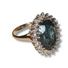Vintage 18K HGE Blue Sapphire Color CZ Halo Cocktail Ring Princess Diana Style10