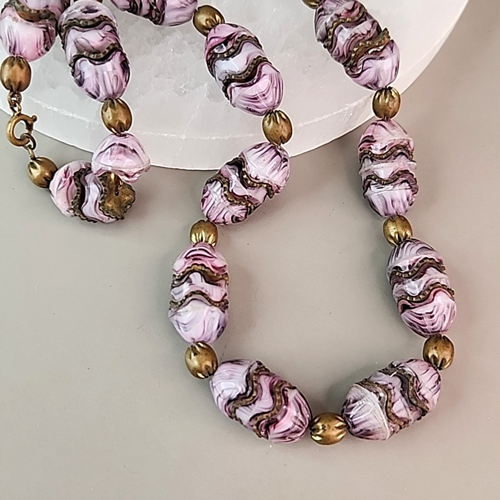Vintage Art Deco Slag Glass Beaded Necklace Czech Purple Pinched Gold Tone 18″