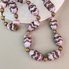 Vintage Art Deco Slag Glass Beaded Necklace Czech Purple Pinched Gold Tone 18″