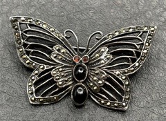 VTG Sterling Silver “IL” Maker Butterfly Brooch Marcasite Black Onyx Deco Style