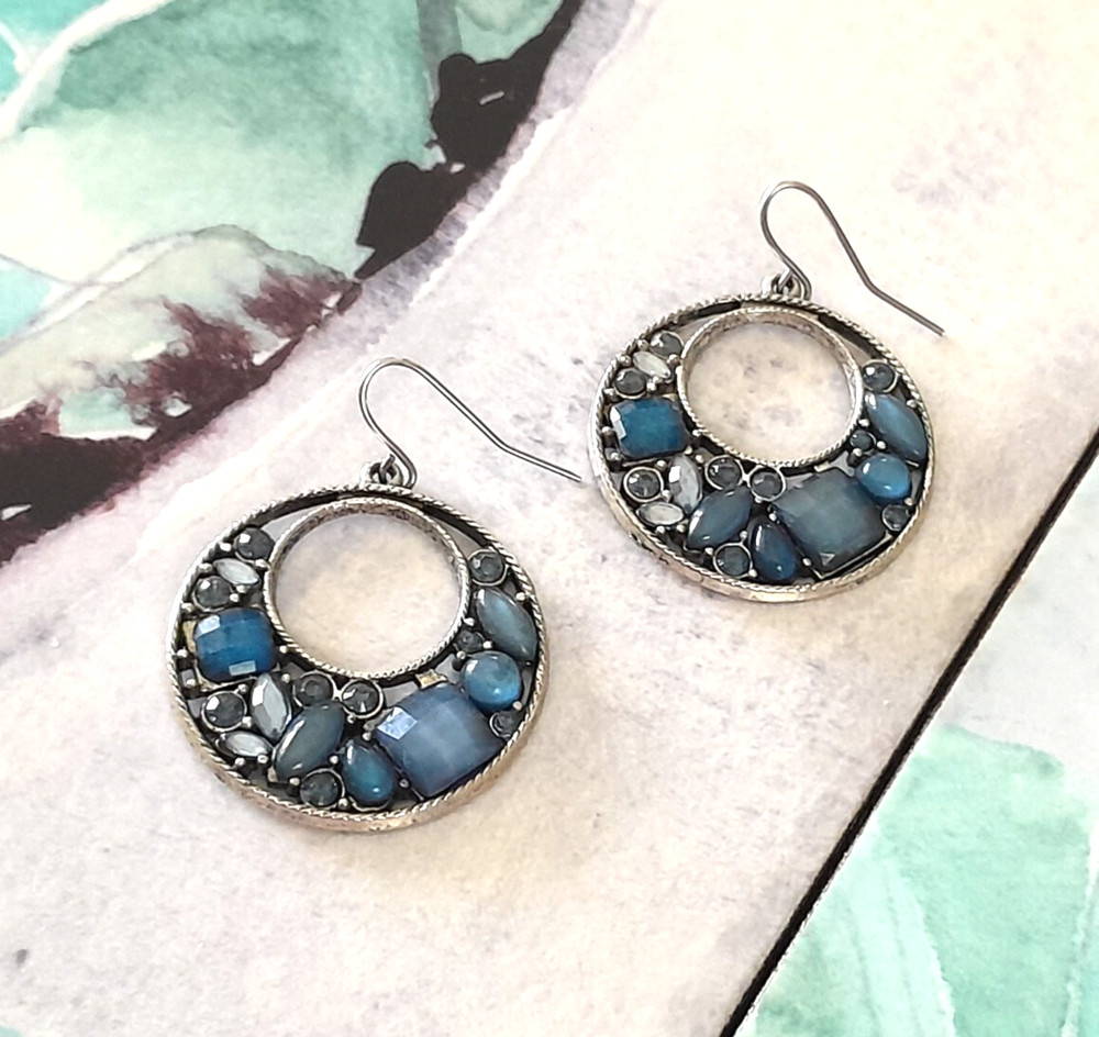Boho Dark Silver Tone Round Open Circle Blue Bead 1.5″ Drop/Dangle Earrings
